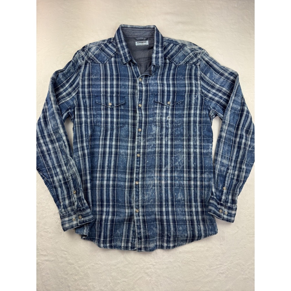 Express Shirt Women's XL Blue Plaid Flannel Long Sleeve Snap‎ Front Casual